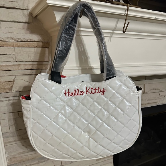 VTG LOUNGEFLY HELLO KITTY WHITE QUILTED SANRIO RED BOW TOTE BAG FLAWED 16”x 12” - Picture 10 of 15